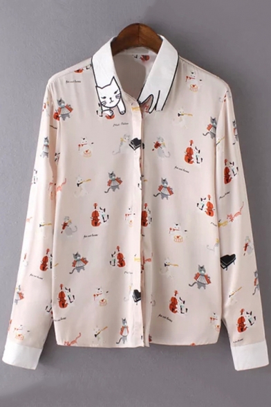 Cat Embroidered Lapel Collar Animal Print Concealed Button Front Long Sleeve Shirt