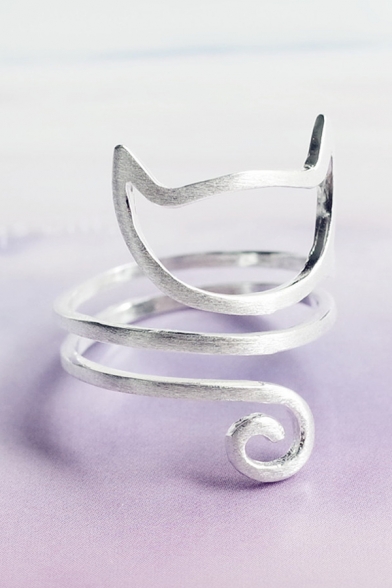Cat Pattern Plain Sliver Adjustable Ring
