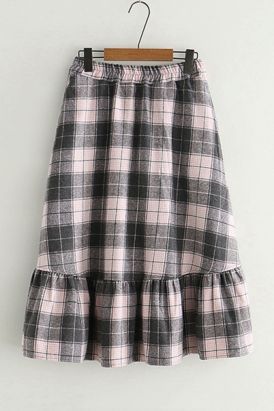 Chic Plaid Elastic Waist Ruffle Hem Midi A-Line Skirt