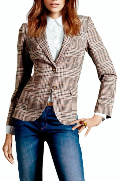 

Classic Plaid Button Front Notched Lapel Collar Long Sleeve Elbow Patch Blazer, LC487865