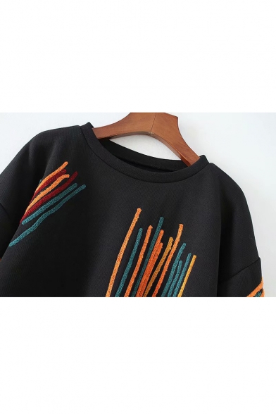 Colorful Straps Embellished Round Neck Long Sleeve Loose Sweatshirt