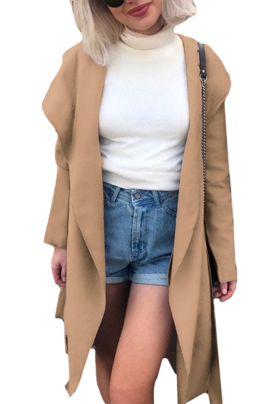 Cool Long Sleeve Plain Open Front Tunic Hooded Coat
