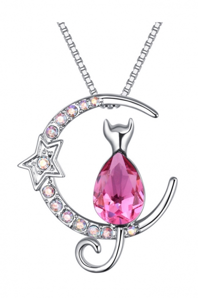 Diamante Cat Star Moon Sliver Chain Necklace Gift