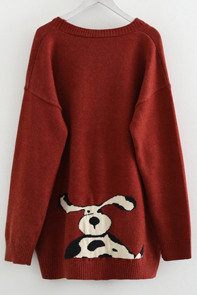 Dog Pattern V Neck Button Front Long Sleeve Tunic Cardigan with Pockets