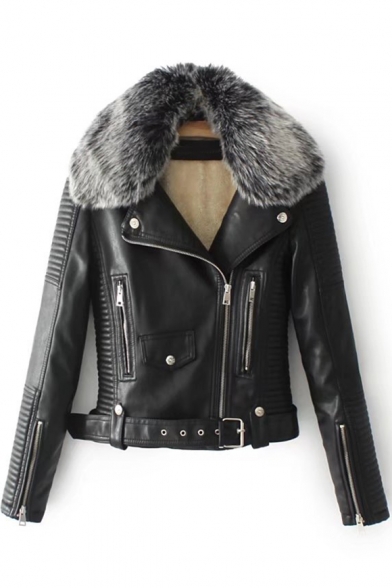 Faux Fur Collar Long Sleeve Offset Zip Closure Cropped Leather Jacket