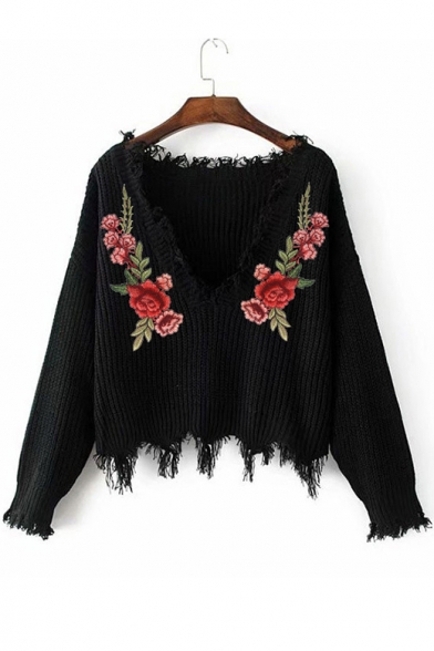 Floral Embroidered V Neck Long Sleeve Ripped Detail Cropped Sweater