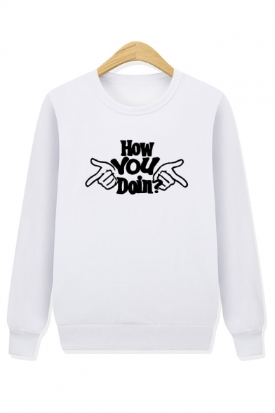 HOW YOU Letter Gesture Print Round Neck Long Sleeve Sweatshirt