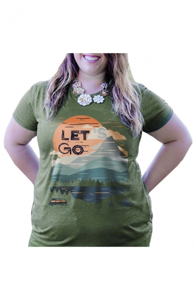 LET'S GO Letter Mountain Print Round Neck Short Sleeve T-Shirt