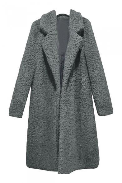 Notched Lapel Collar Long Sleeve Plain Faux Fur Coat