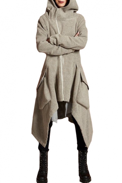 Popular Long Sleeve Plain Asymmetric Hem Zip Up Hooded Coat