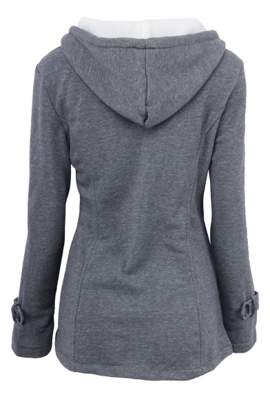 Popular Long Sleeve Plain Button Front Hooded Tunic Coat