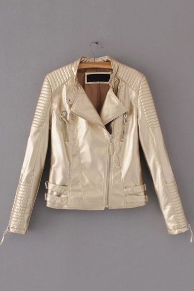 Ribbed Detail Stand Collar Plain Long Sleeve Offset Zipper Leather Jacket