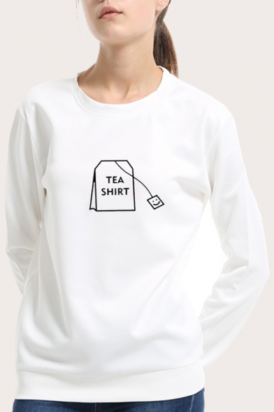 TEA SHIRT Letter Graphic Print Round Neck Long Sleeve Pullover Sweatshirt