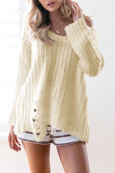 V Neck Long Sleeve Ripped Detail Plain Pullover Sweater
