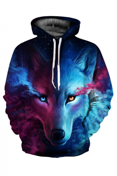 3D Colorful Wolf Print Long Sleeve Casual Hoodie