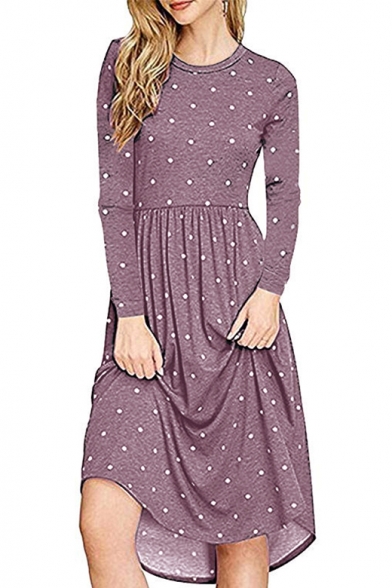 Casual Polka Dot Print Round Neck Long Sleeve Midi A-Line Dress