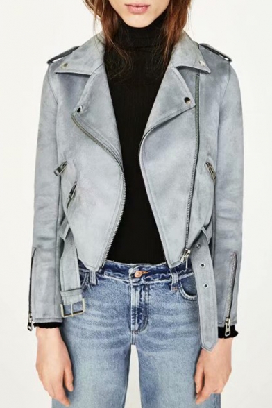 Cool Suede Plain Notched Lapel Collar Long Sleeve Offset Zip Front Cropped Jacket