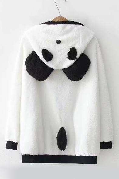 Cute Panda Pattern Contrast Trim Long Sleeve Plush Hoodie