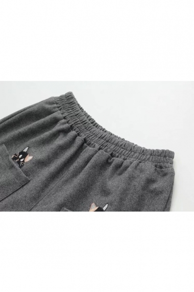 Elastic Waist Cat Embroidered Loose Woolen Shorts