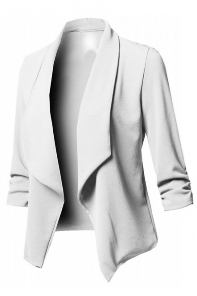 Lapel Collar Plain Long Sleeve Pleated Detail Open Front Blazer