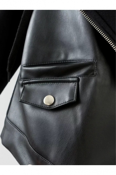 Leather Patchwork Offset Zipper Front Long Sleeve Cropped Biker Jacket