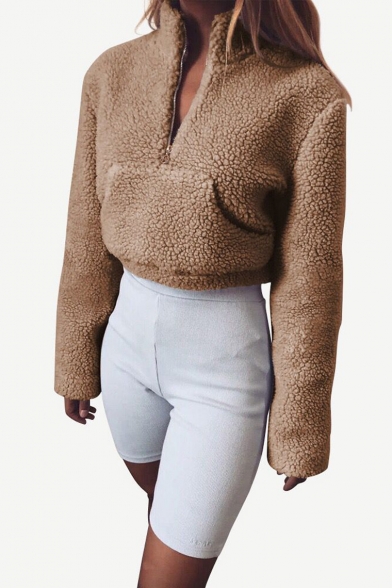 Plain Stand Collar Faux Fur Long Sleeve Half-Zip Cropped Sweatshirt