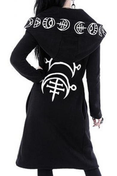 Punk Style Moon Print Long Sleeve Open Front Hooded Coat