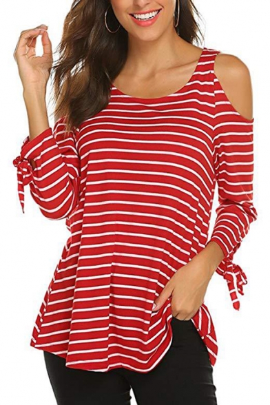 Striped Round Neck Cold Shoulder Long Sleeve Knotted Cuffs Loose Tee