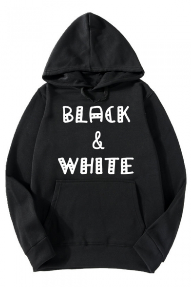 BLACK WHITE Letter Print Long Sleeve Hoodie for Men