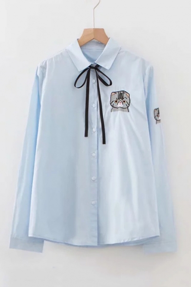 Cat Embroidered Lapel Collar Long Sleeve Button Front Shirt