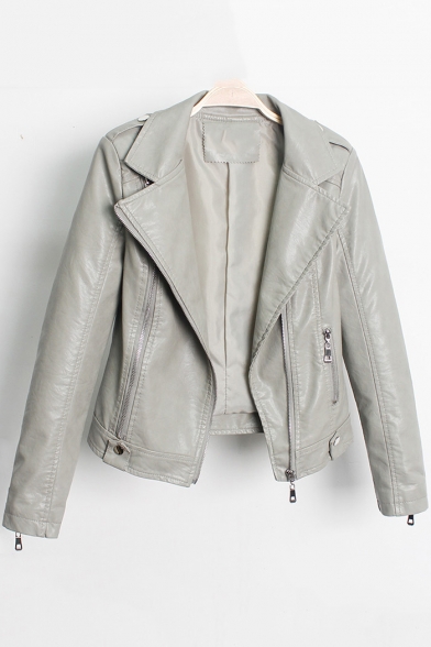 Chic Lapel Collar Long Sleeve Plain Offset Zipper Slim Leather Jacket