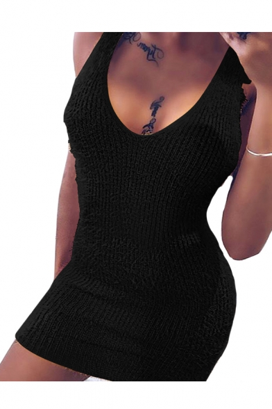 Chic V Neck Sleeveless Plan Mohair Mini Bodycon Dress