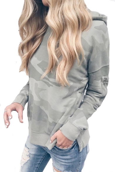 Cool Camouflage Long Sleeve Buttoned Vent Side Casual Hoodie