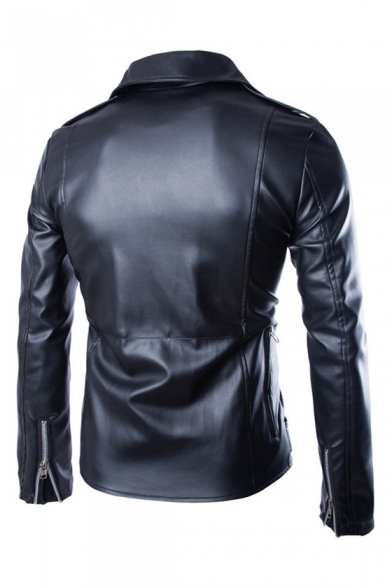 Cool Notched Lapel Collar Offset Zip Closure Long Sleeve Slim Crop Leather Jacket