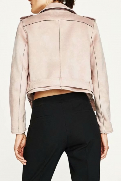 Cool Suede Plain Notched Lapel Collar Long Sleeve Offset Zip Front Cropped Jacket