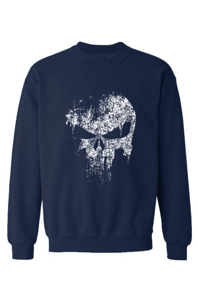 Crew Neck Skull Print Long Sleeve Relaxed Sweatshirt for Men