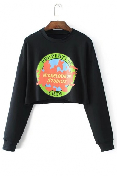 Earth Letter Graphic Print Round Neck Long Sleeve Cropped Sweatshirt