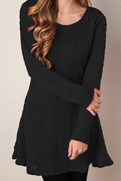 Plain Twist Detail Round Neck Long Sleeve Mini Sweater Dress