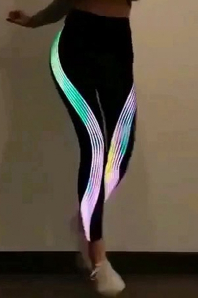 Laser Reflective Striped Elastic Waist Dance Leggings