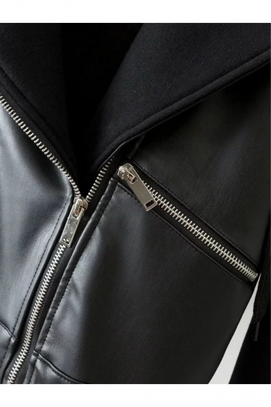 Leather Patchwork Offset Zipper Front Long Sleeve Cropped Biker Jacket