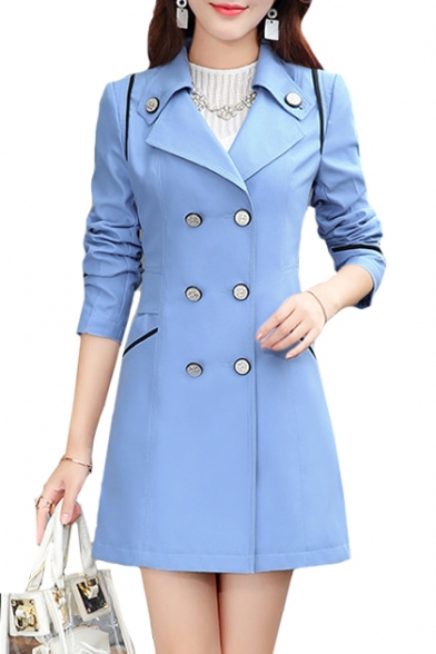 Notched Lapel Collar Double Breasted Long Sleeve Plain Trench Coat
