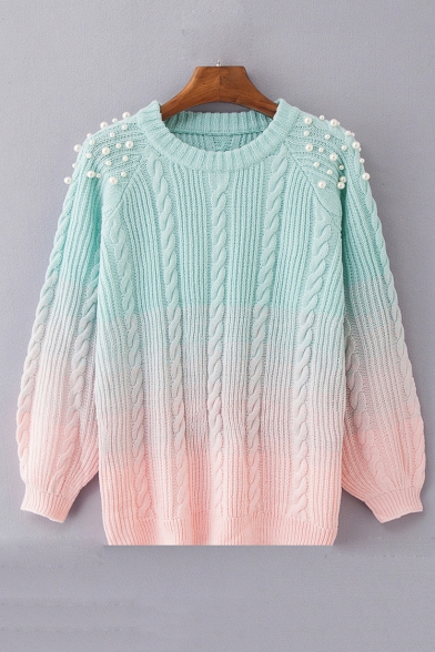 Pearl Embellished Ombre Round Neck Long Sleeve Twist Sweater