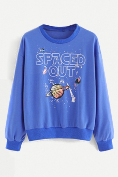 SPACED OUT Letter Planet Print Round Neck Long Sleeve Pullover Sweatshirt