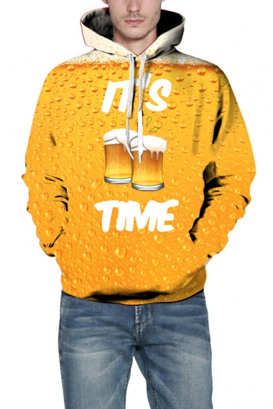 3D IT'S TIME Letter Beer Print Long Sleeve Loose Hoodie