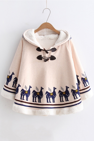 Button Front Camel Print Loose Hooded Cape
