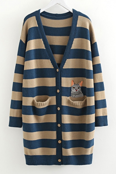 Cat Embroidered Striped V Neck Long Sleeve Button Front Tunic Cardigan