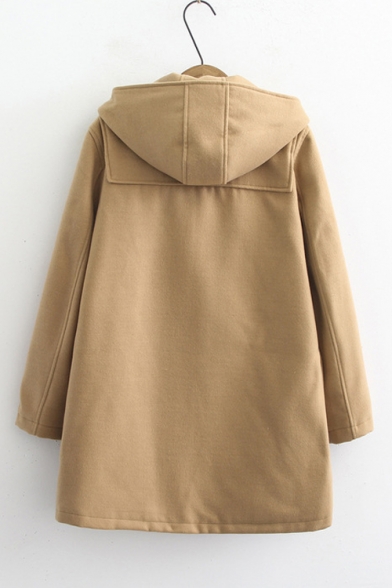 Classic Plain Long Sleeve Button Front Tunic Hooded Woolen Coat
