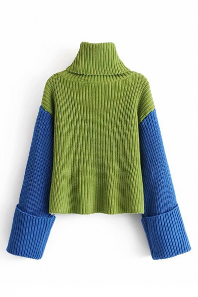 Collar Block High Collar Long Sleeve Ribbed Sweater