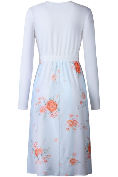 Contrast Floral Print Round Neck Long Sleeve Tie Waist Midi A-Line Dress