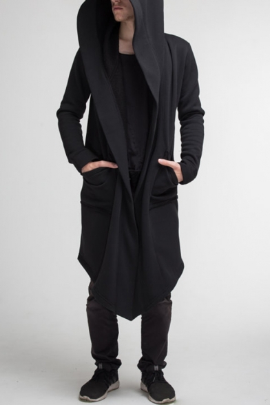 Cool Black Plain Long Sleeve Open Front Tunic Hooded Coat for Men